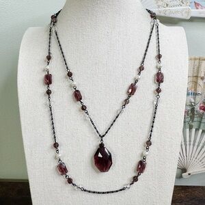 Vintage Multi-Layered Purple Pendant Necklace Gothic Black Chain Faux Pearl 22”